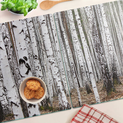 Tagliere in vetro temperato con stampa di tronchi d'albero di betulla bianchi