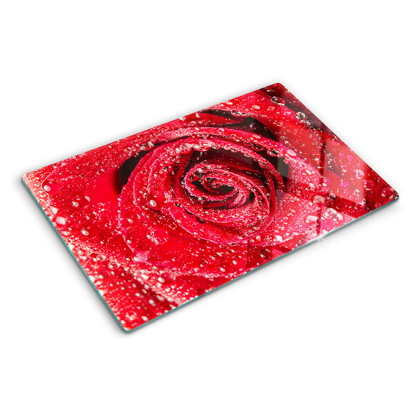 Tagliere in vetro temperato Rosa rossa con gocce d'acqua