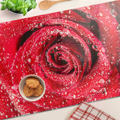 Tagliere in vetro temperato con motivo di rosa rossa e gocce d'acqua