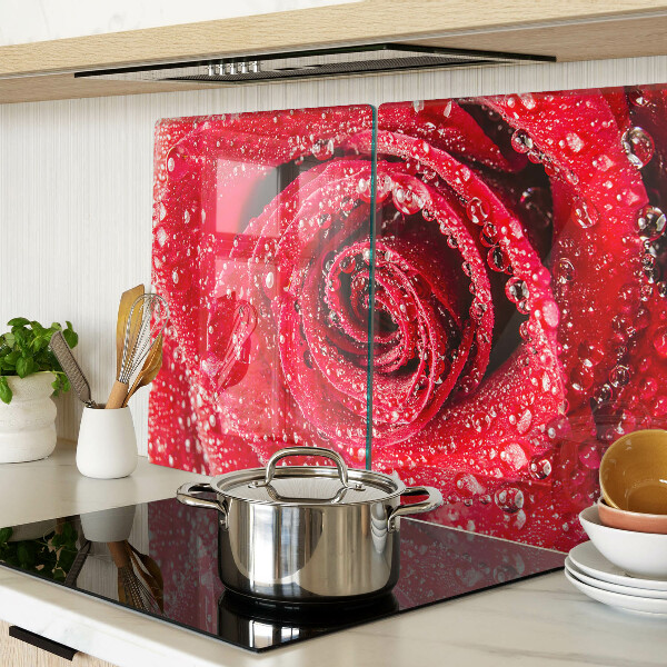 Tagliere in vetro temperato con motivo di rosa rossa e gocce d'acqua