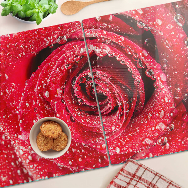 Tagliere in vetro temperato con motivo di rosa rossa e gocce d'acqua