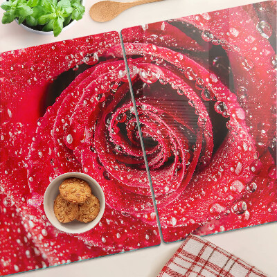 Tagliere in vetro temperato con motivo di rosa rossa e gocce d'acqua