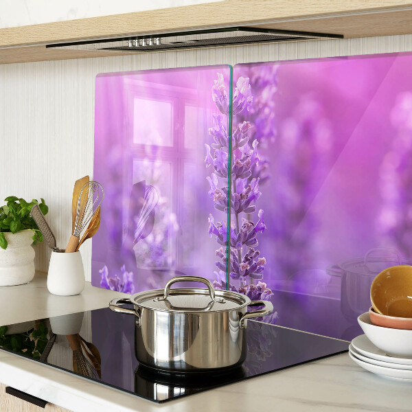 Tagliere in vetro temperato con motivo di fiori di lavanda su sfondo porpora