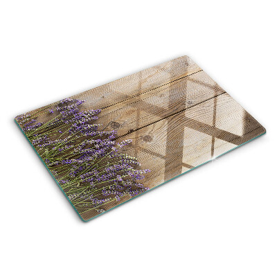 Tagliere in vetro temperato con stampa di lavanda su sfondo di legno