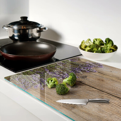 Tagliere in vetro temperato con stampa di lavanda su sfondo di legno