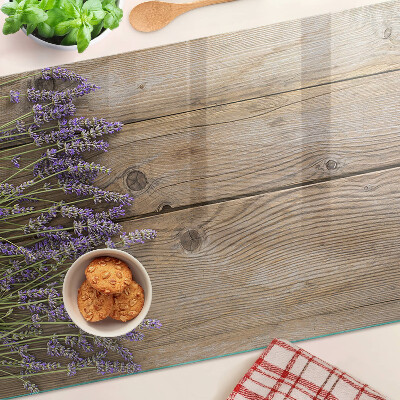 Tagliere in vetro temperato con stampa di lavanda su sfondo di legno