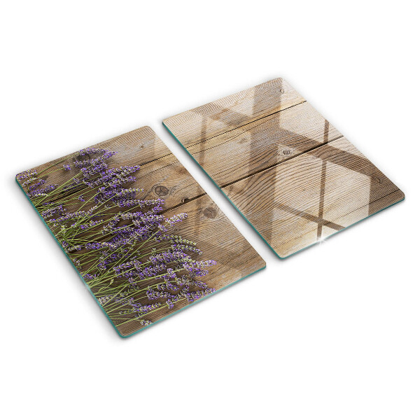 Tagliere in vetro temperato con stampa di lavanda su sfondo di legno