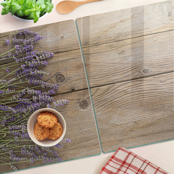 Tagliere in vetro temperato con stampa di lavanda su sfondo di legno