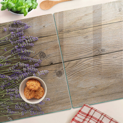 Tagliere in vetro temperato con stampa di lavanda su sfondo di legno