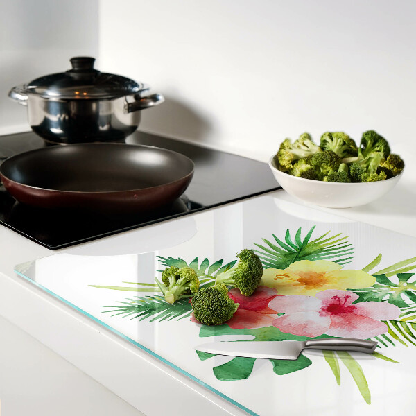 Tagliere in vetro temperato con motivo di fiori e foglie tropicali