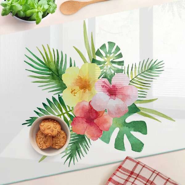 Tagliere in vetro temperato con motivo di fiori e foglie tropicali