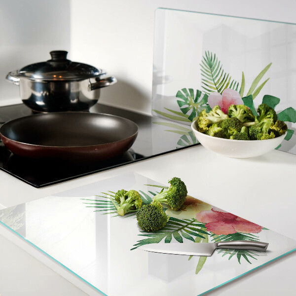 Tagliere in vetro temperato con motivo di fiori e foglie tropicali