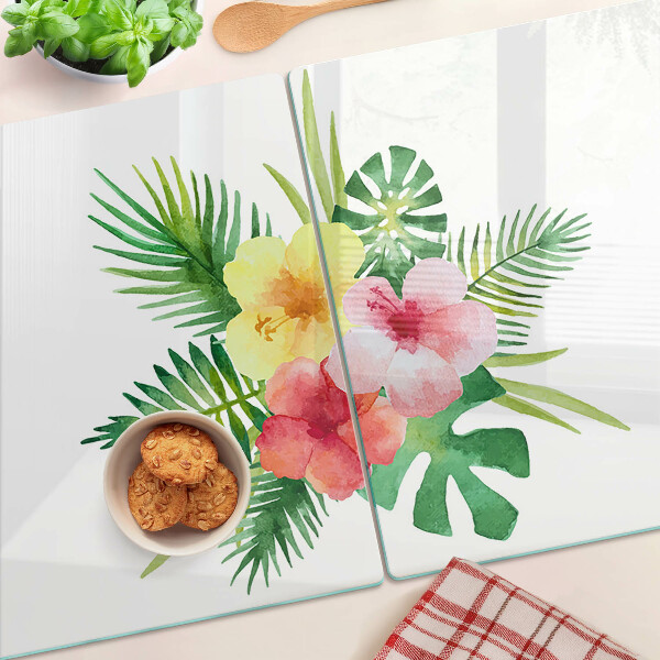 Tagliere in vetro temperato con motivo di fiori e foglie tropicali