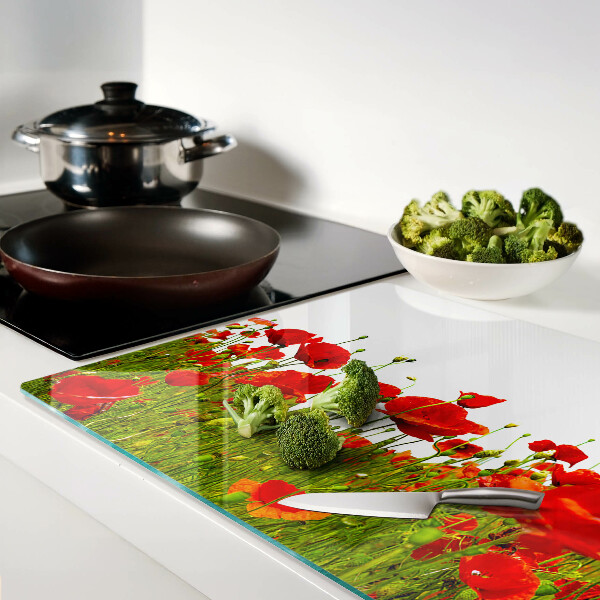 Tagliere in vetro temperato con decorazione a papaveri sul prato