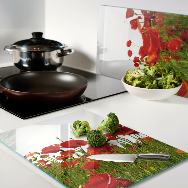 Tagliere in vetro temperato con decorazione a papaveri sul prato