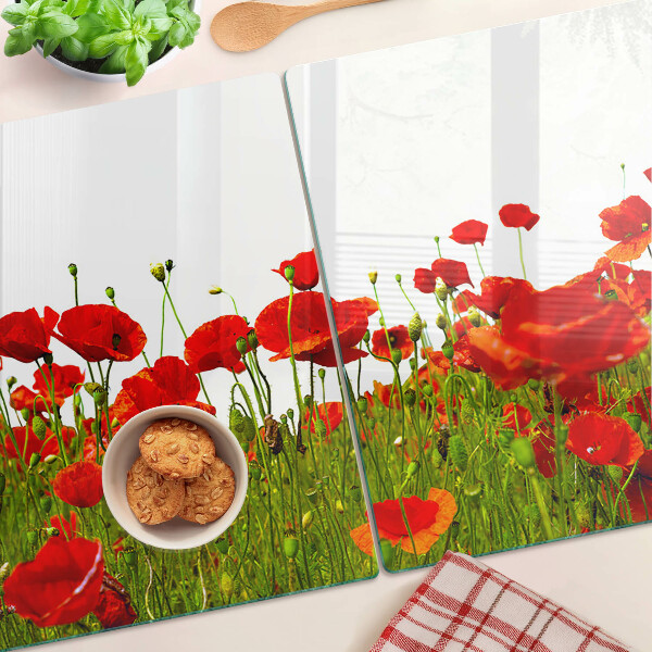 Tagliere in vetro temperato con decorazione a papaveri sul prato