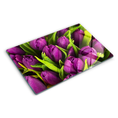 Tagliere in vetro temperato Tulipani viola con foglie verdi