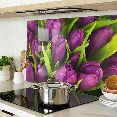 Tagliere in vetro temperato Tulipani viola con foglie verdi