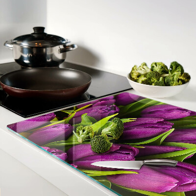 Tagliere in vetro temperato Tulipani viola con foglie verdi
