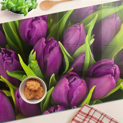 Tagliere in vetro temperato Tulipani viola con foglie verdi