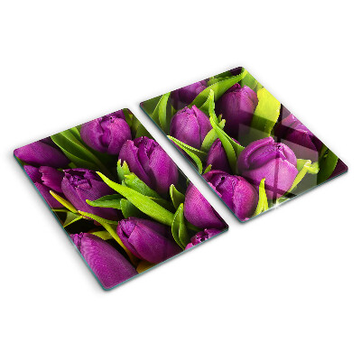 Tagliere in vetro temperato Tulipani viola con foglie verdi