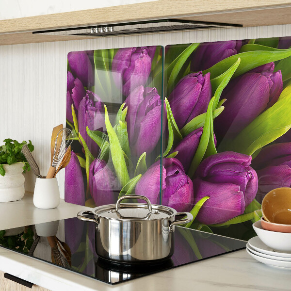 Tagliere in vetro temperato Tulipani viola con foglie verdi