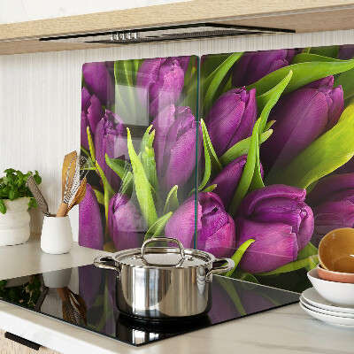 Tagliere in vetro temperato Tulipani viola con foglie verdi