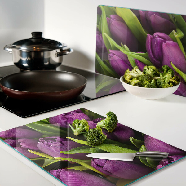 Tagliere in vetro temperato Tulipani viola con foglie verdi