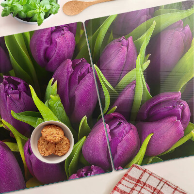 Tagliere in vetro temperato Tulipani viola con foglie verdi