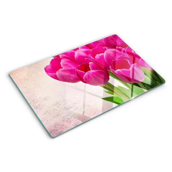 Tagliere in vetro temperato con motivo di tulipani su sfondo rosa