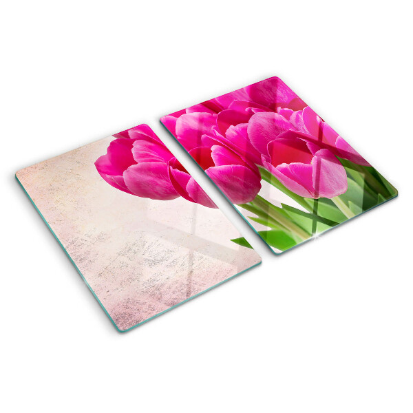 Tagliere in vetro temperato con motivo di tulipani su sfondo rosa
