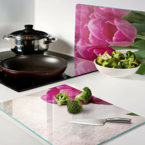 Tagliere in vetro temperato con motivo di tulipani su sfondo rosa