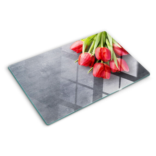 Tagliere in vetro temperato con motivo di tulipani su sfondo grigio