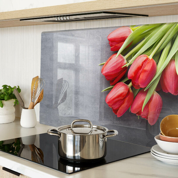 Tagliere in vetro temperato con motivo di tulipani su sfondo grigio