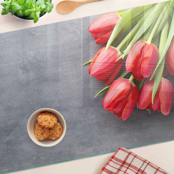 Tagliere in vetro temperato con motivo di tulipani su sfondo grigio