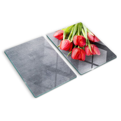 Tagliere in vetro temperato con motivo di tulipani su sfondo grigio