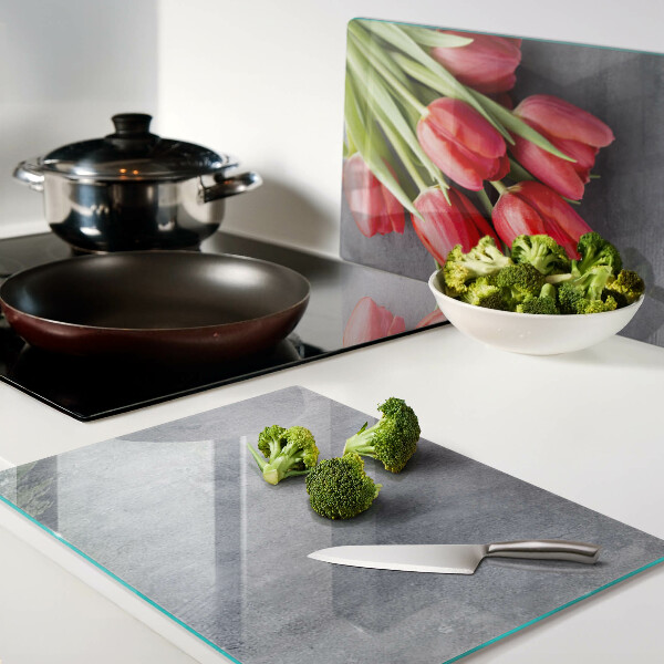 Tagliere in vetro temperato con motivo di tulipani su sfondo grigio