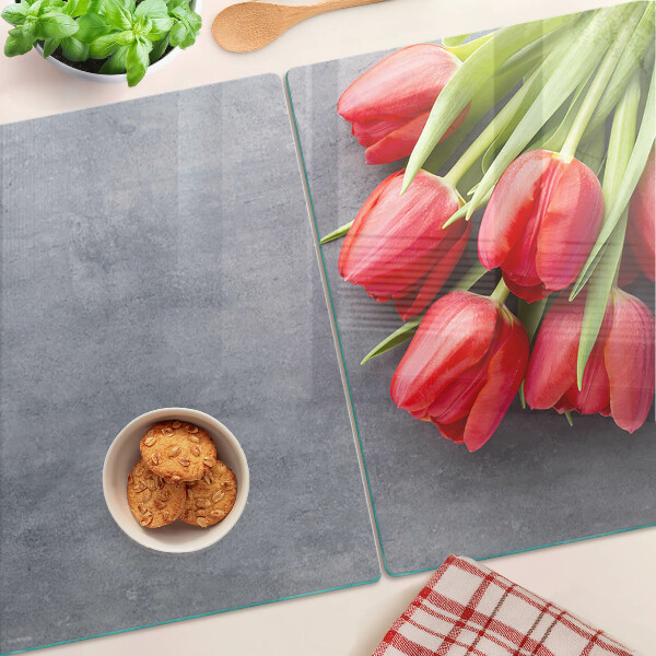 Tagliere in vetro temperato con motivo di tulipani su sfondo grigio