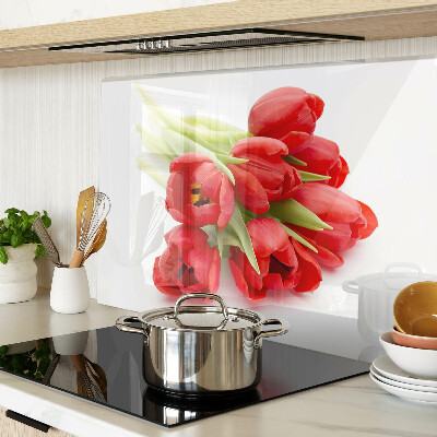 Tagliere in vetro temperato con motivo di tulipani rossi su sfondo bianco