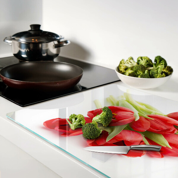 Tagliere in vetro temperato con motivo di tulipani rossi su sfondo bianco