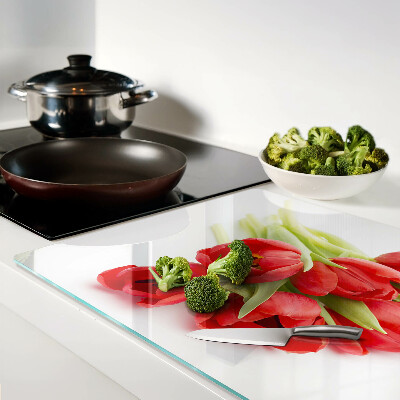 Tagliere in vetro temperato con motivo di tulipani rossi su sfondo bianco