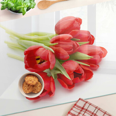 Tagliere in vetro temperato con motivo di tulipani rossi su sfondo bianco
