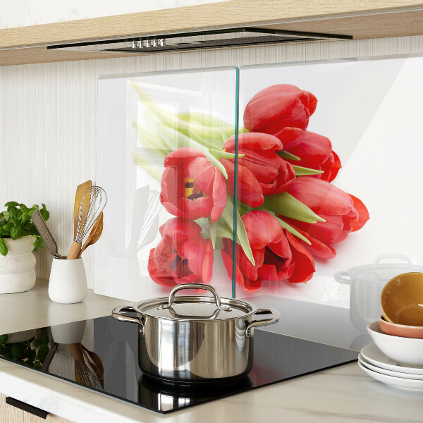 Tagliere in vetro temperato con motivo di tulipani rossi su sfondo bianco