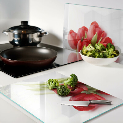 Tagliere in vetro temperato con motivo di tulipani rossi su sfondo bianco