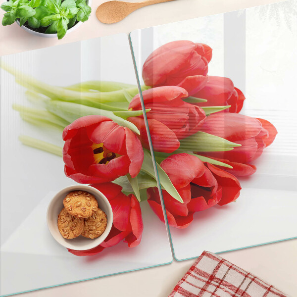 Tagliere in vetro temperato con motivo di tulipani rossi su sfondo bianco