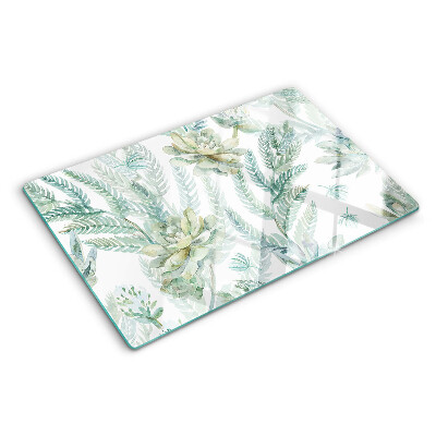 Tagliere in vetro temperato con stampa di piante succulente e foglie