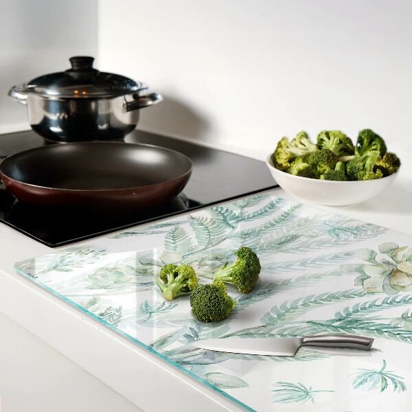 Tagliere in vetro temperato con stampa di piante succulente e foglie