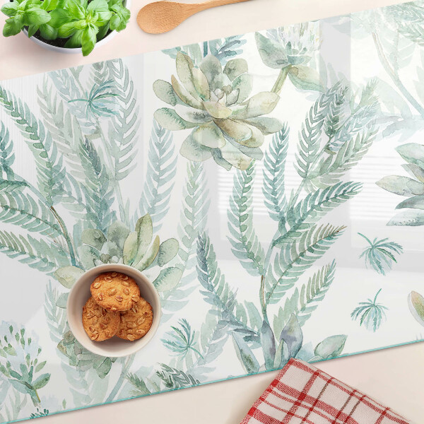 Tagliere in vetro temperato con stampa di piante succulente e foglie