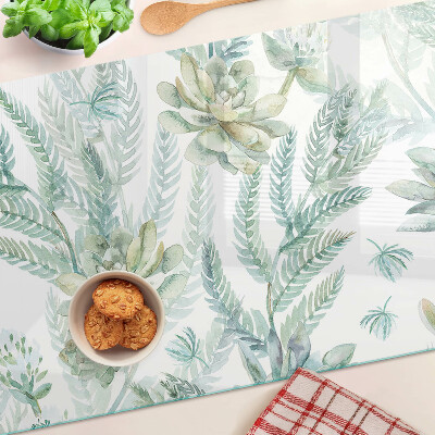 Tagliere in vetro temperato con stampa di piante succulente e foglie