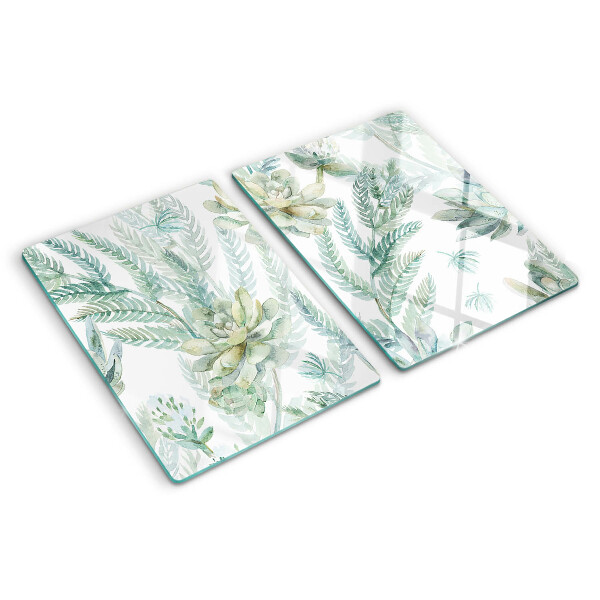 Tagliere in vetro temperato con stampa di piante succulente e foglie